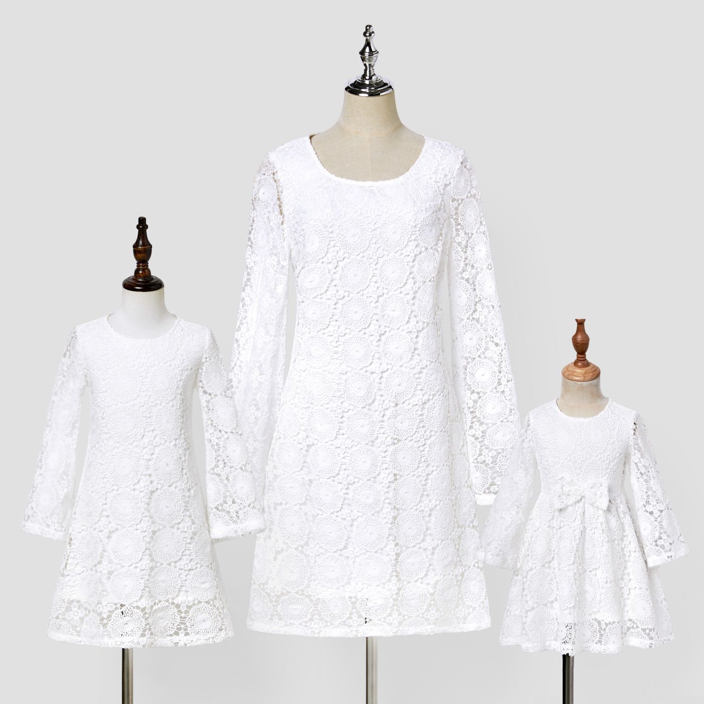 Mommy And Me Elegant Solid Color Hollow Out Long Sleeve Lace Dresses