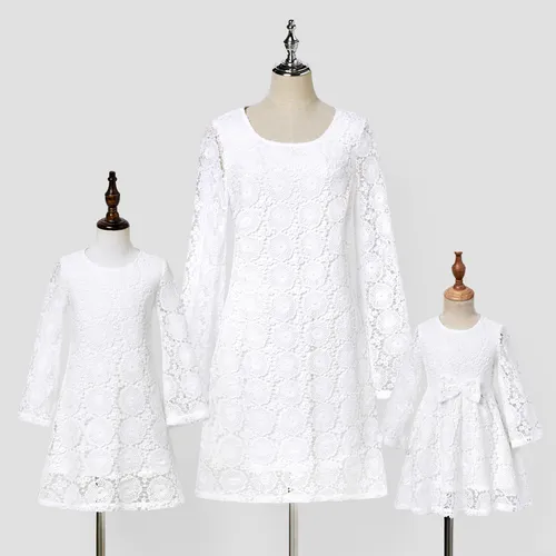  Mommy and Me Elegant Solid Color Hollow Out Long Sleeve Lace Dresses