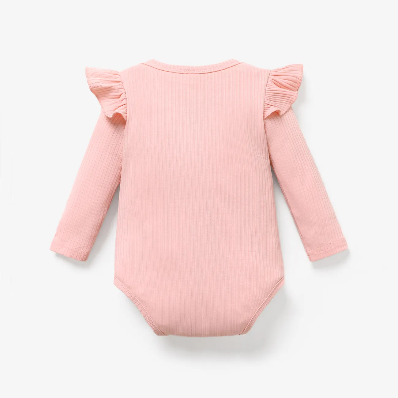 Baby Girl Letter Print Rib Knit Ruffle Long-sleeve Romper Pink big image 1