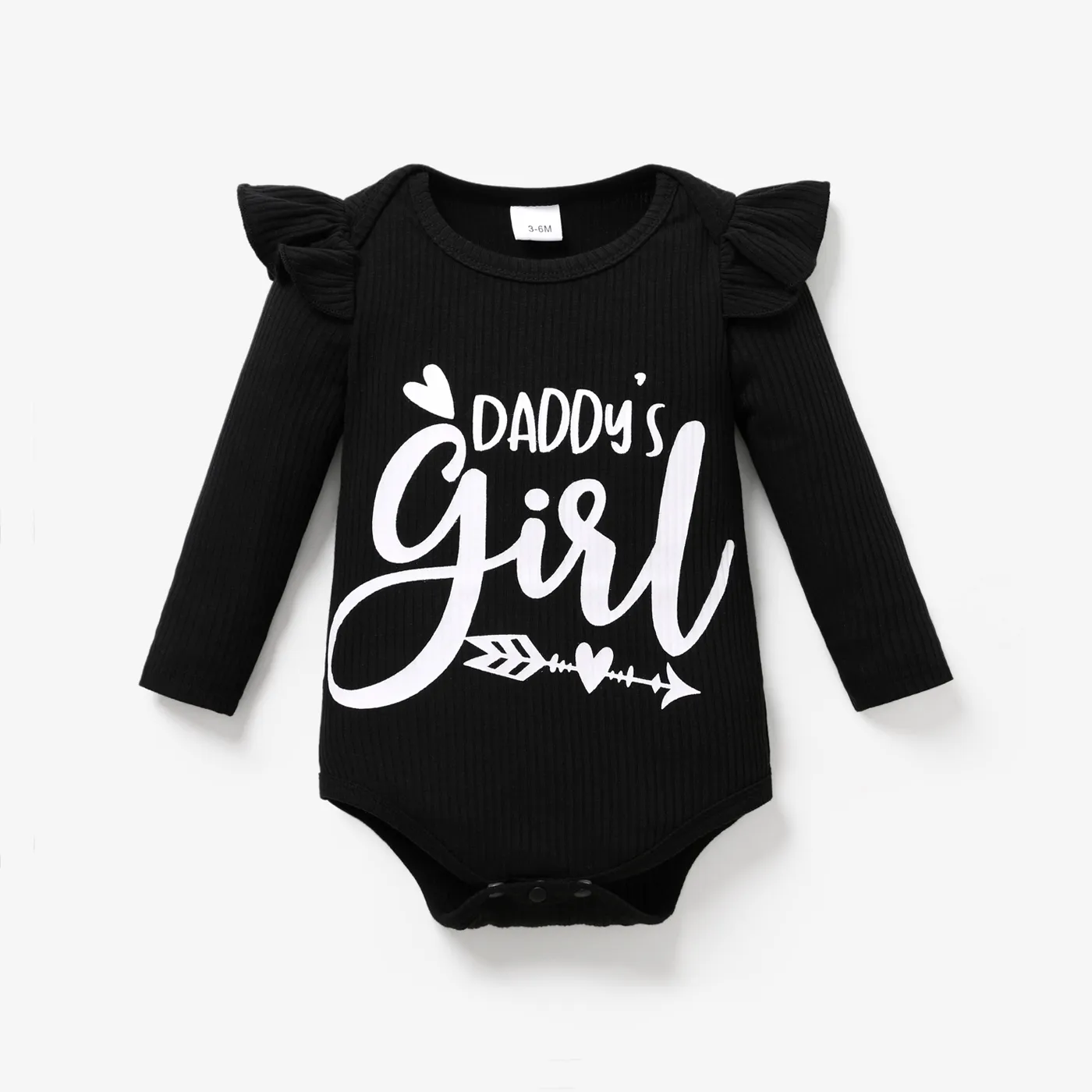 Baby Girl Letter Print Rib Knit Ruffle Long-sleeve Romper Black