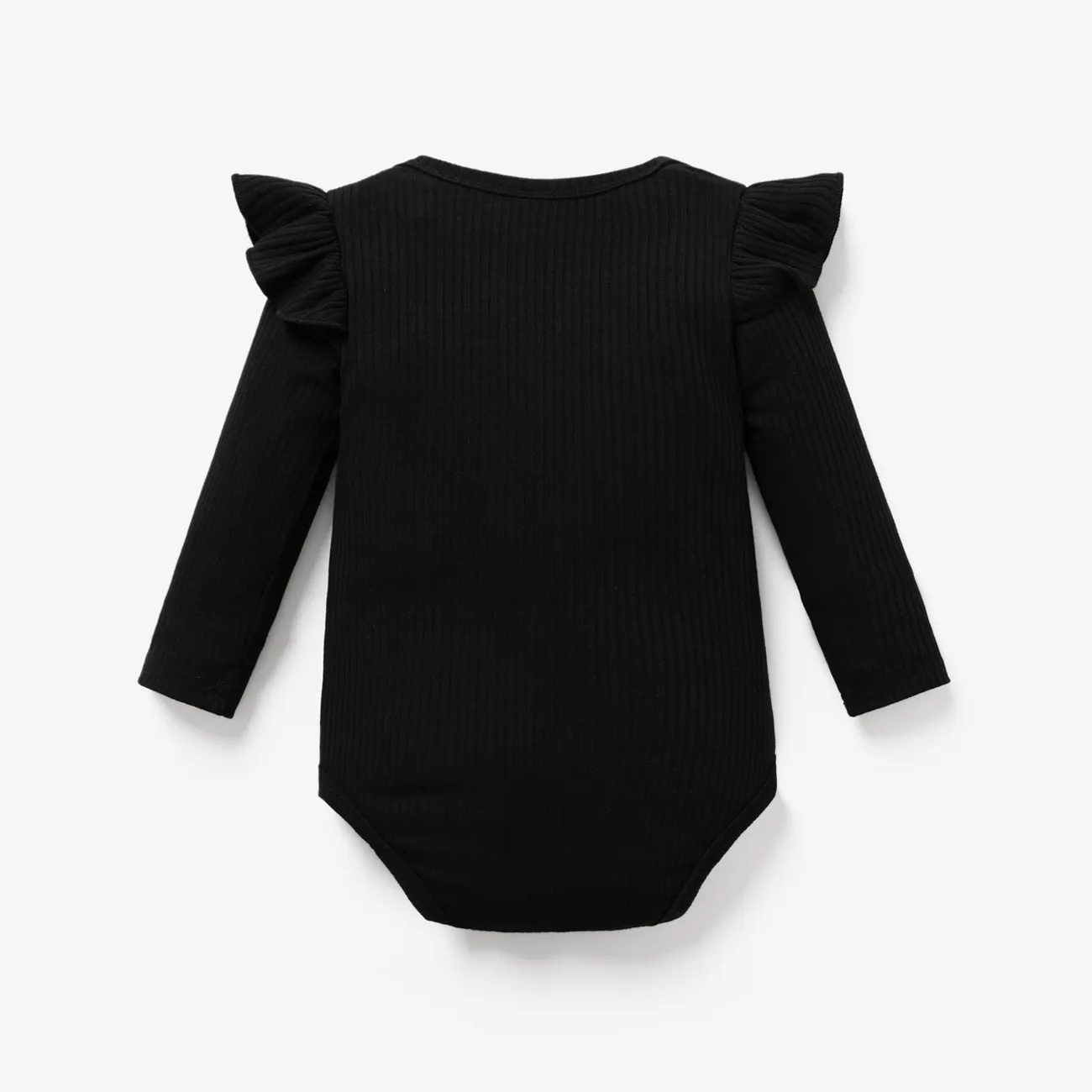 Baby Girl Letter Print Rib Knit Ruffle Long-sleeve Romper Black big image 1
