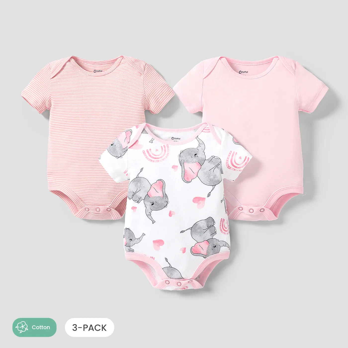3-Pack Baby Girl/Boy Elephant Print/Solid Color Short-sleeve Rompers