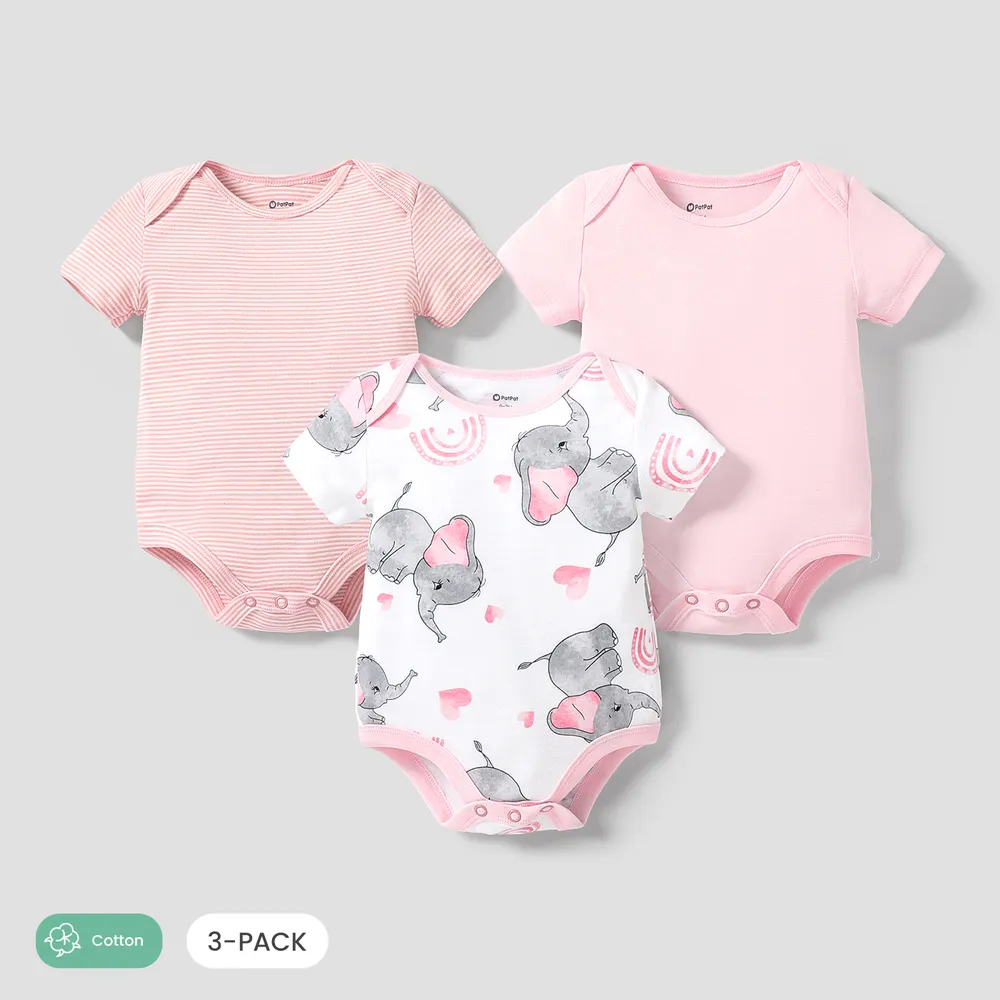 3-Pack Baby Girl/Boy Elephant Print/Solid Color Short-sleeve Rompers  big image 1
