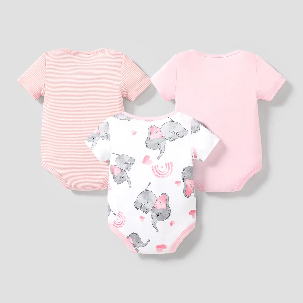 3-Pack Baby Girl/Boy Elephant Print/Solid Color Short-sleeve Rompers big image 2