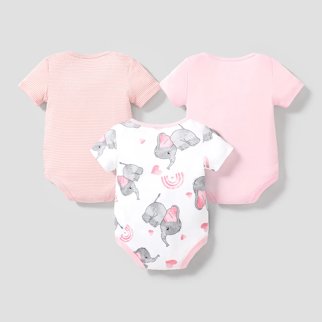 Confezione da 3 pagliaccetti a maniche corte con stampa elefante/tinta unita per neonata/ragazzo Rosa big image 1