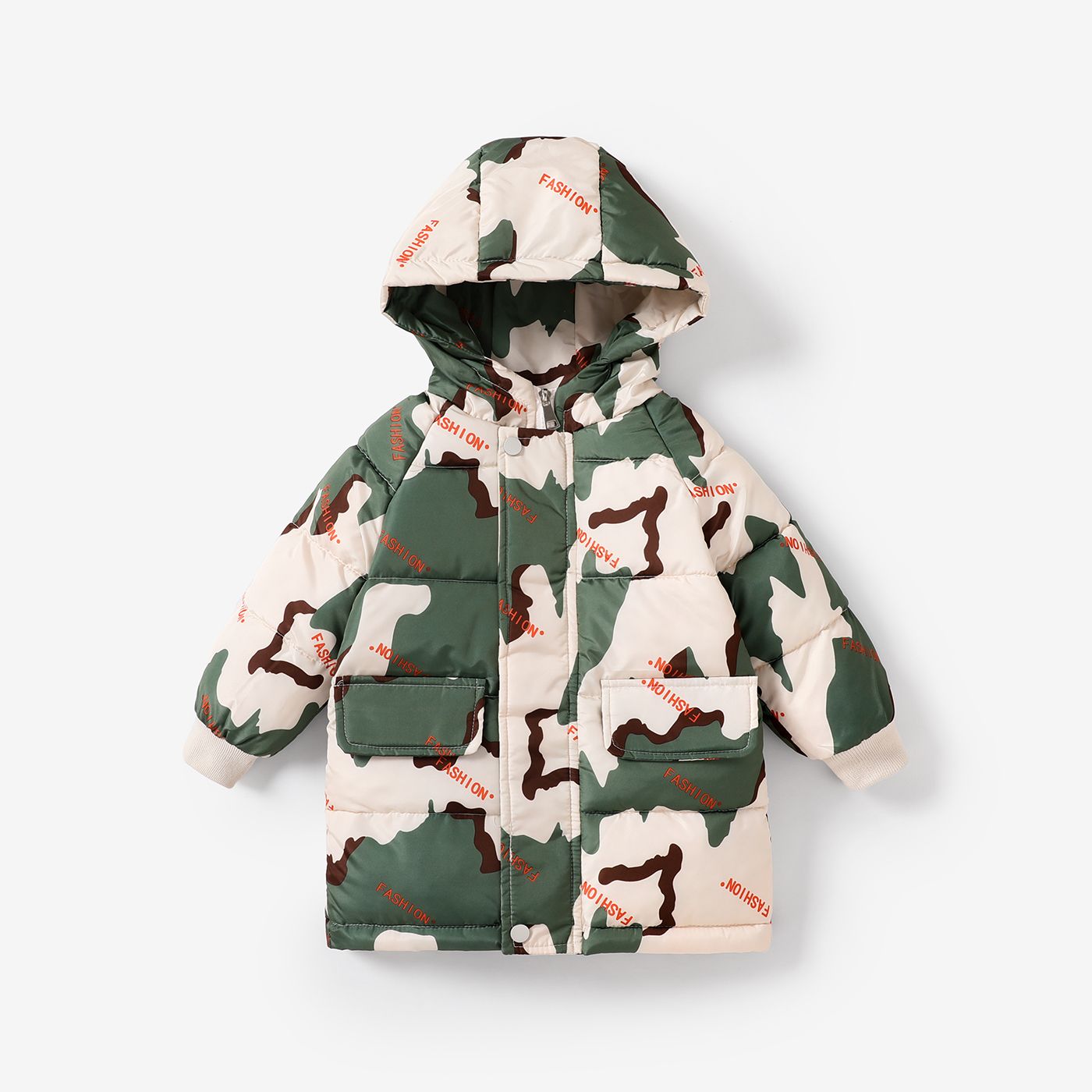 Toddler / Kid Boy / Girl Graffiti Camouflaged Hooded Button Design Manteau Rembourré En Coton