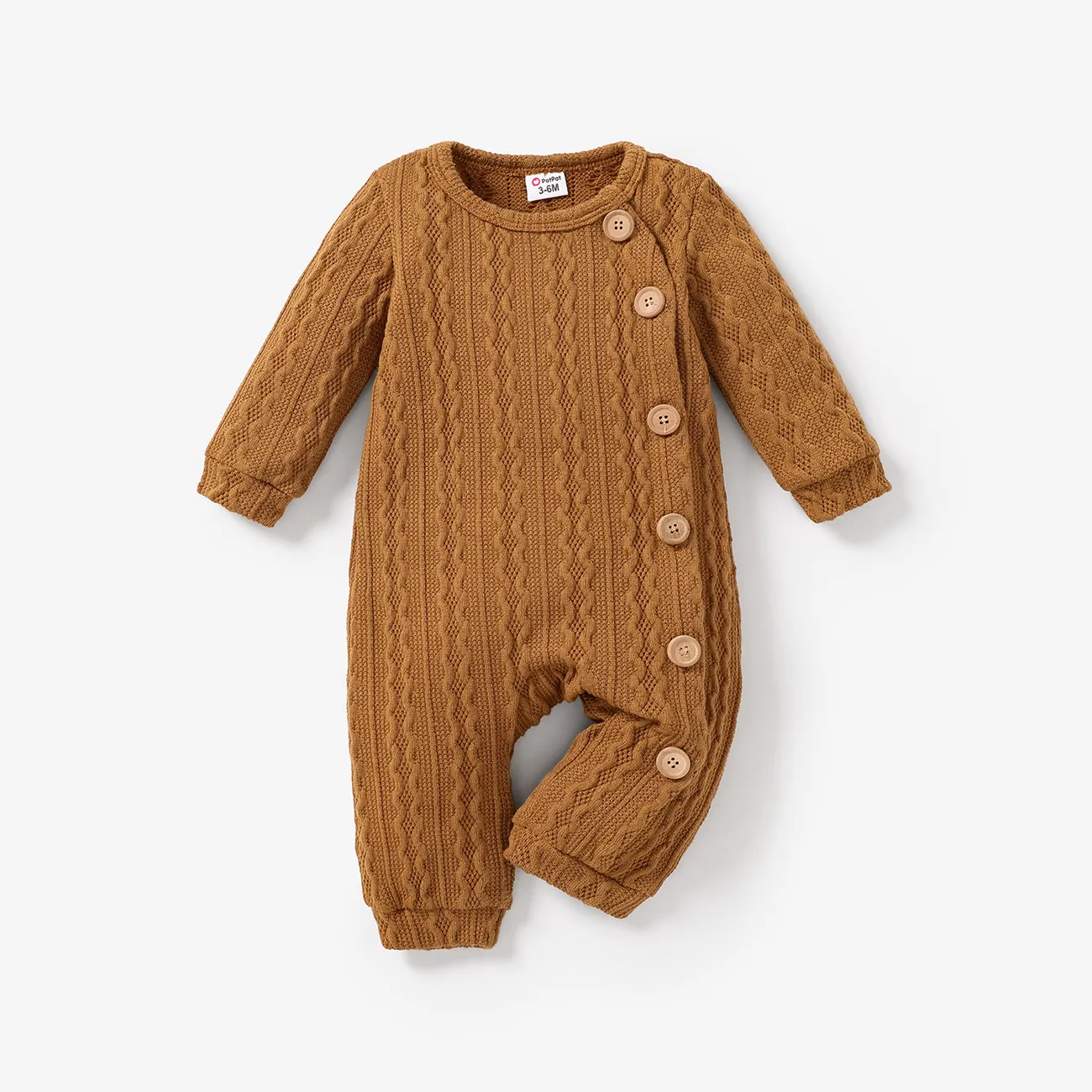 Baby Boy/Girl Solid Knitting Button Down Long-sleeve Jumpsuit Brown big image 1