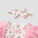 2pcs Baby Girl Long-sleeve Ruffle Trim Bow Front Floral Print Textured Spliced Jumpsuit & Headband Set  image 3