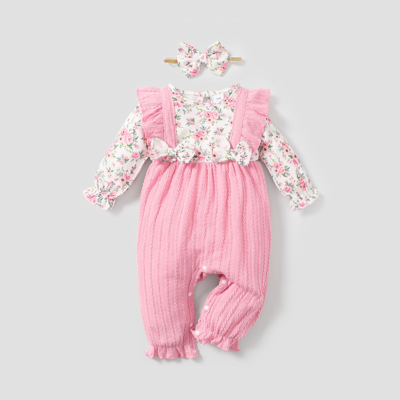 2pcs Baby Girl Long-sleeve Ruffle Trim Bow Front Floral Print Textured Spliced Jumpsuit & Headband S