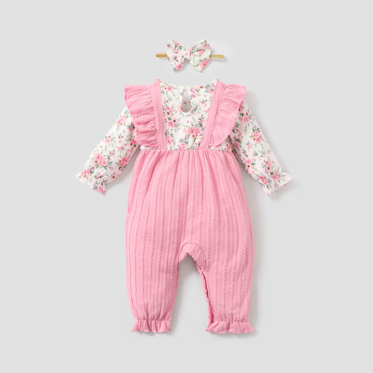 2pcs Baby Girl Long-sleeve Ruffle Trim Bow Front Floral Print Textured Spliced Jumpsuit & Headband Set Pink big image 1