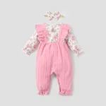 2pcs Baby Girl Long-sleeve Ruffle Trim Bow Front Floral Print Textured Spliced Jumpsuit & Headband Set  image 2