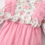 2pcs Baby Girl Long-sleeve Ruffle Trim Bow Front Floral Print Textured Spliced Jumpsuit & Headband Set  image 4