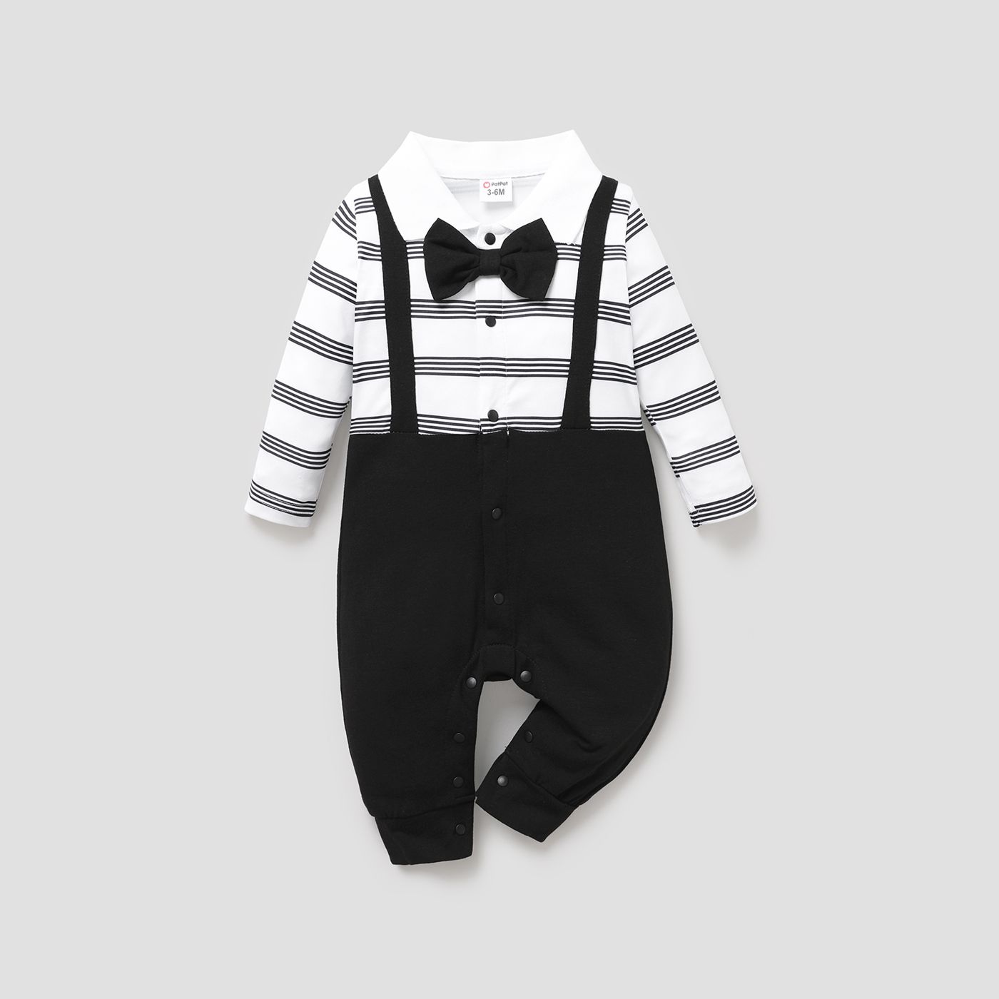 

Baby Boy Stripe Bow Tie Buttons Front Lapel Collar Long-sleeve Jumpsuit