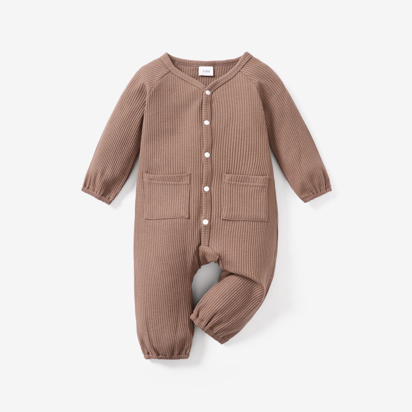 

Baby Boy/Girl Solid Waffle Textured Button Front Long-sleeve Jumpsuit with Pockets