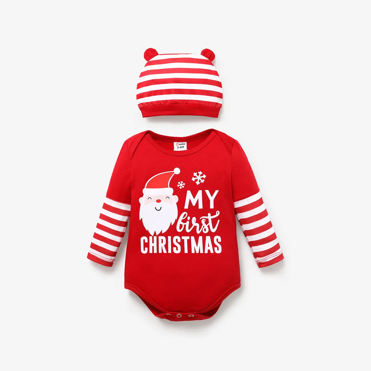 Christmas 2pcs Baby Boy Santa & Letter Print Red Striped Long-sleeve Romper with Hat Set  big image 1