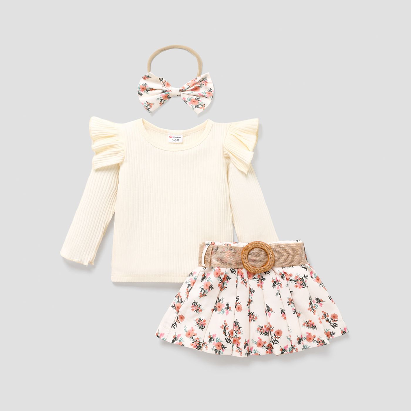 3PCS Baby Girl Sweet Plants And Floral Ruffle Edge Dress Set