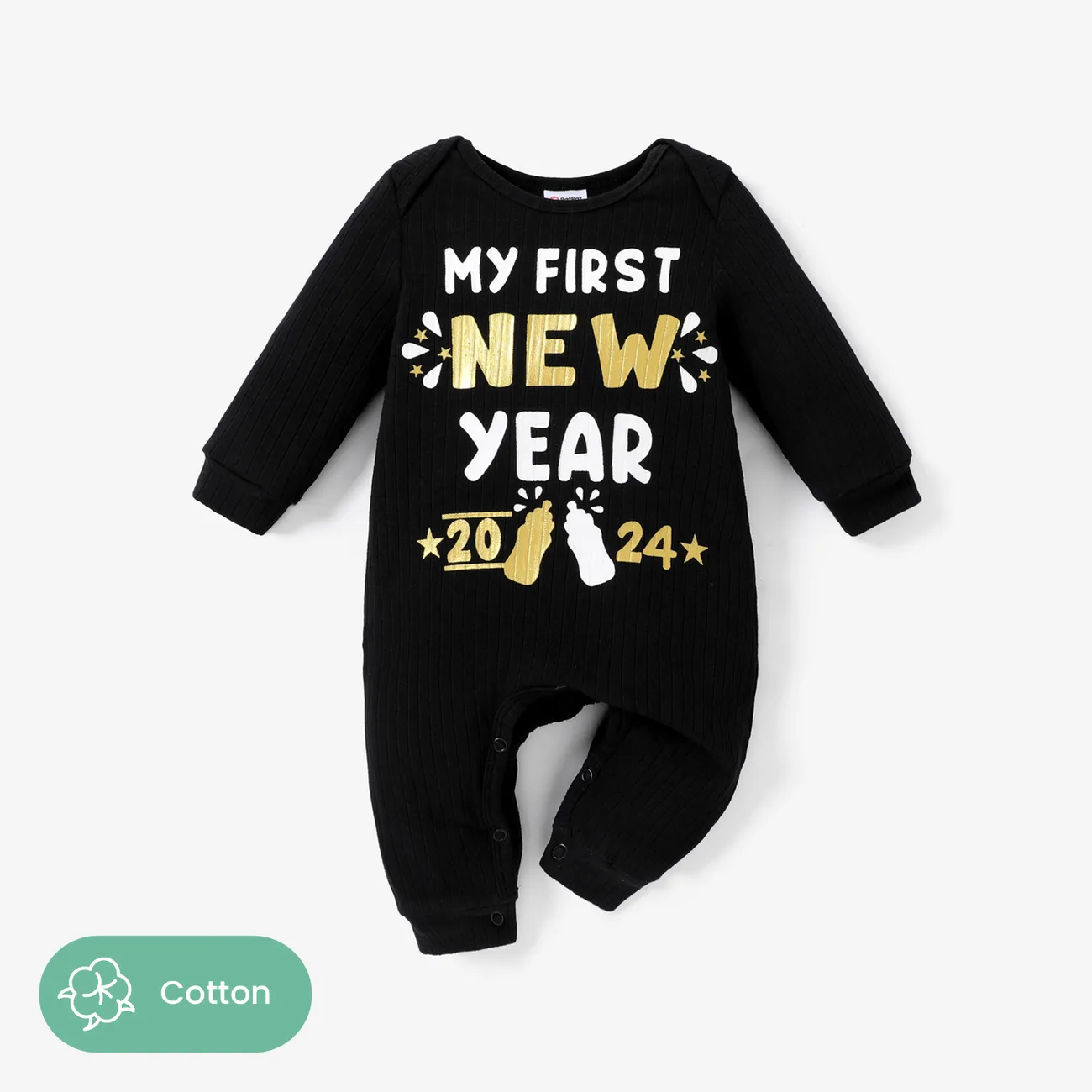 Baby Girl/Boy Gold New Year Style Casual Cotton Jumpsuit Black big image 1