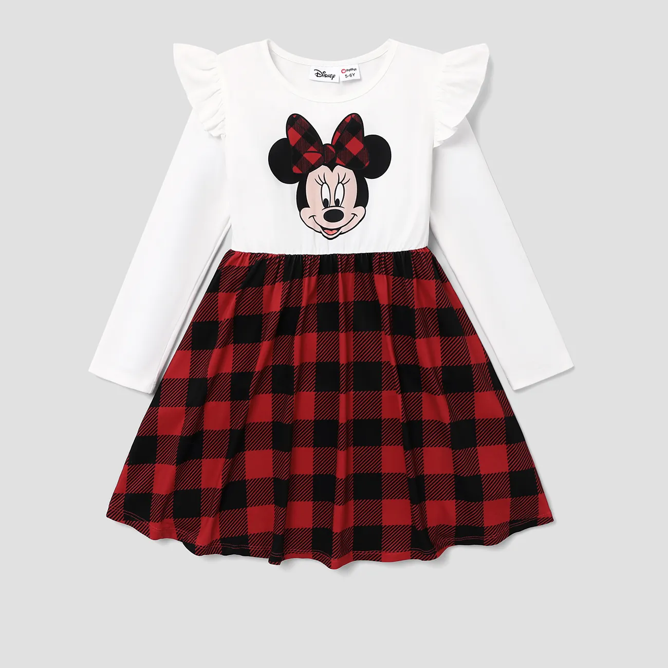 Disney Mickey and Friends Kid Girl Ruffled Long-sleeve Red and Black Checkered Dress Burgundy big image 1