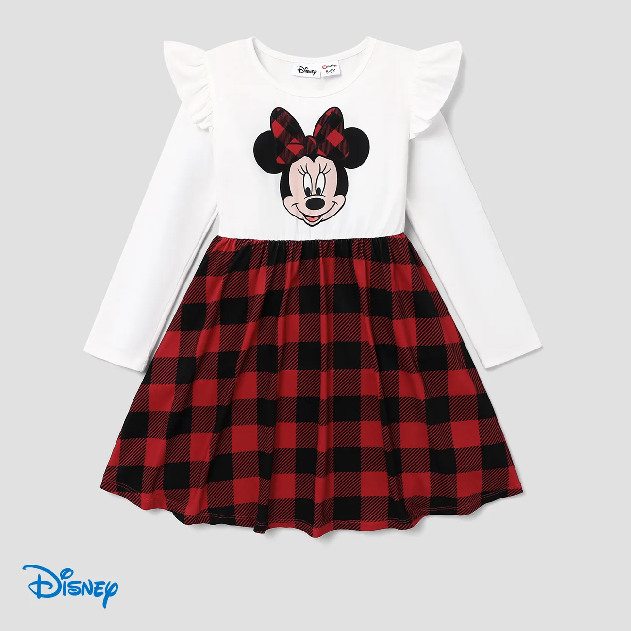 Disney Mickey and Friends Kid Girl Ruffled Long-sleeve Red and Black Checkered Dress Burgundy big image 1