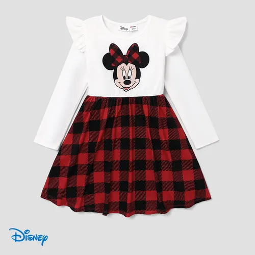 Disney Mickey and Friends Kid Girl Ruffled Long-sleeve Red and Black Checkered Dress