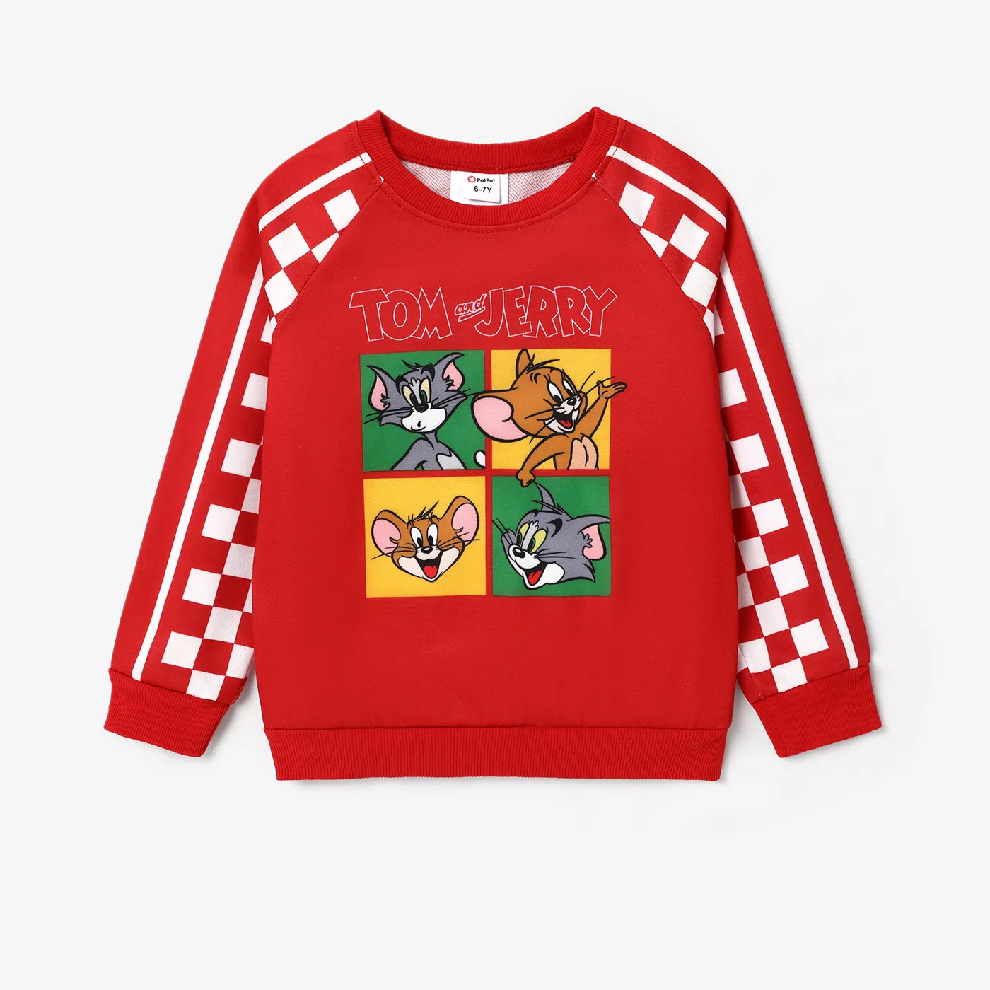 Tom and Jerry Family Boys' Checkerboard Pattern Crew Neck Sweatshirt Red image 6