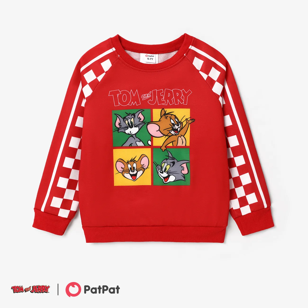 Tom and Jerry Family Boys' Checkerboard Pattern Crew Neck Sweatshirt Red big image 1