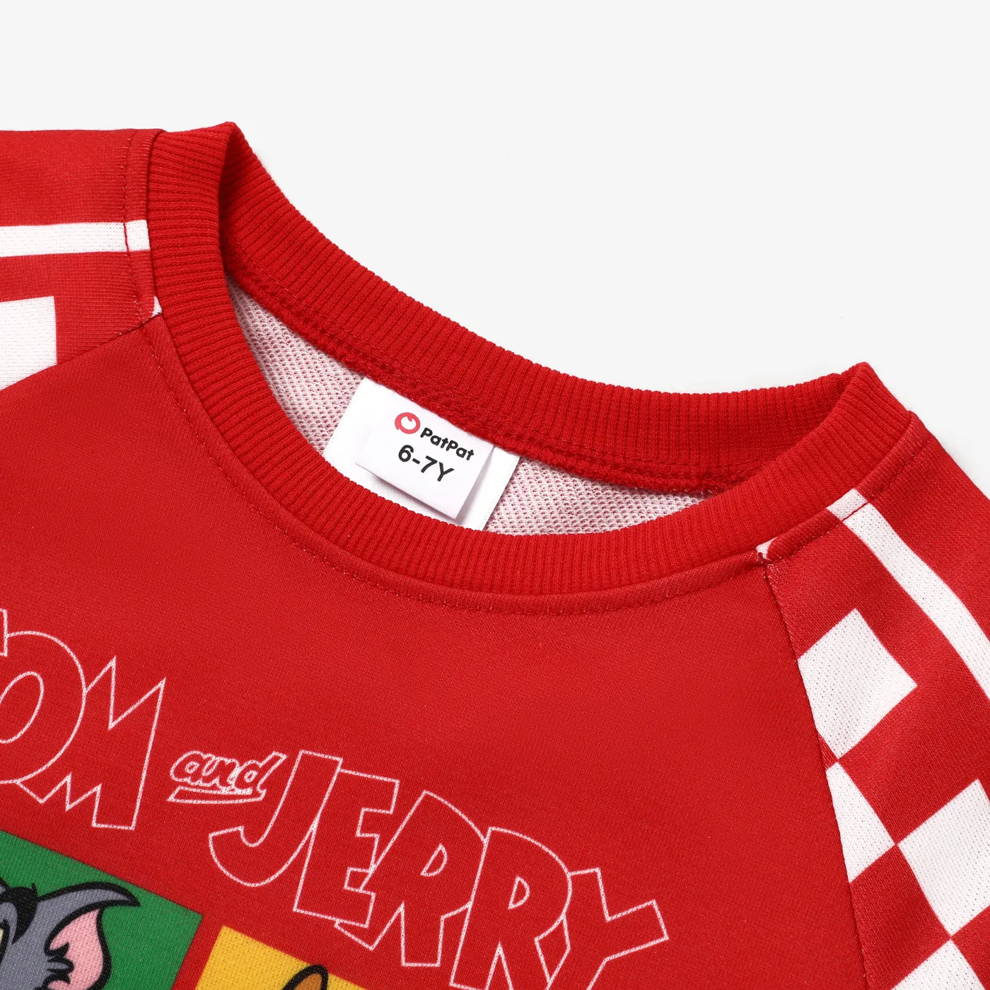 Tom and Jerry Family Boys' Checkerboard Pattern Crew Neck Sweatshirt Red image 3