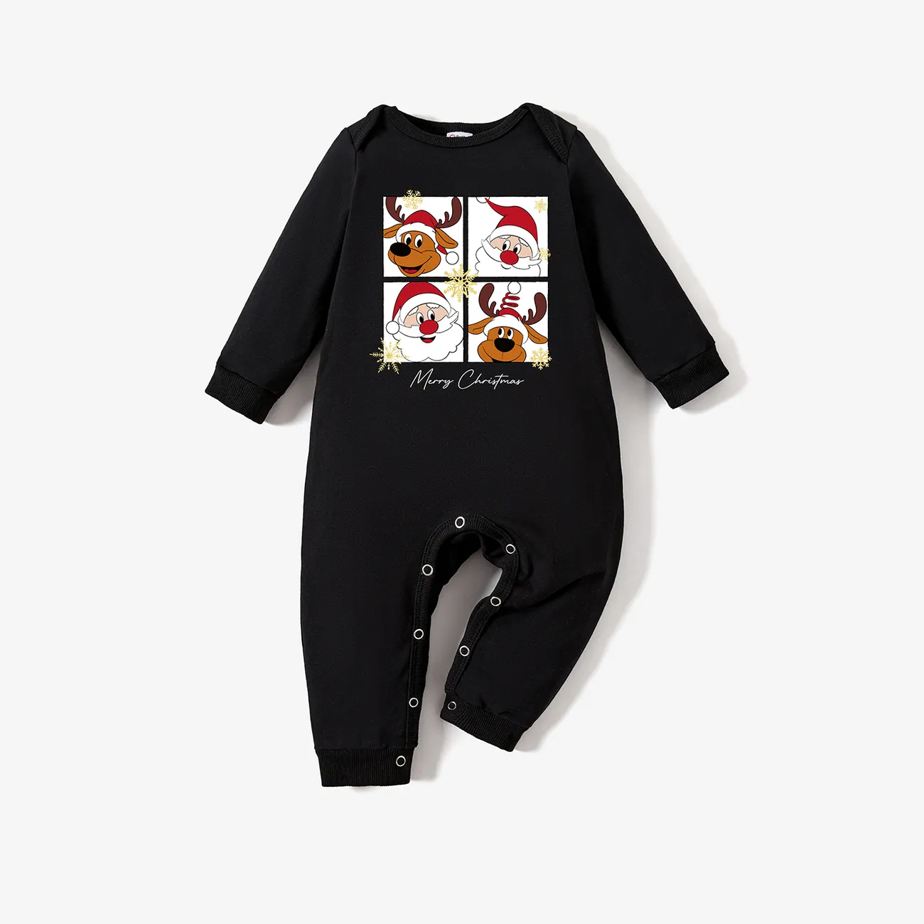Christmas Family Matching Cotton Santa & Reindeer Print Long Sleeve Tops Black big image 1
