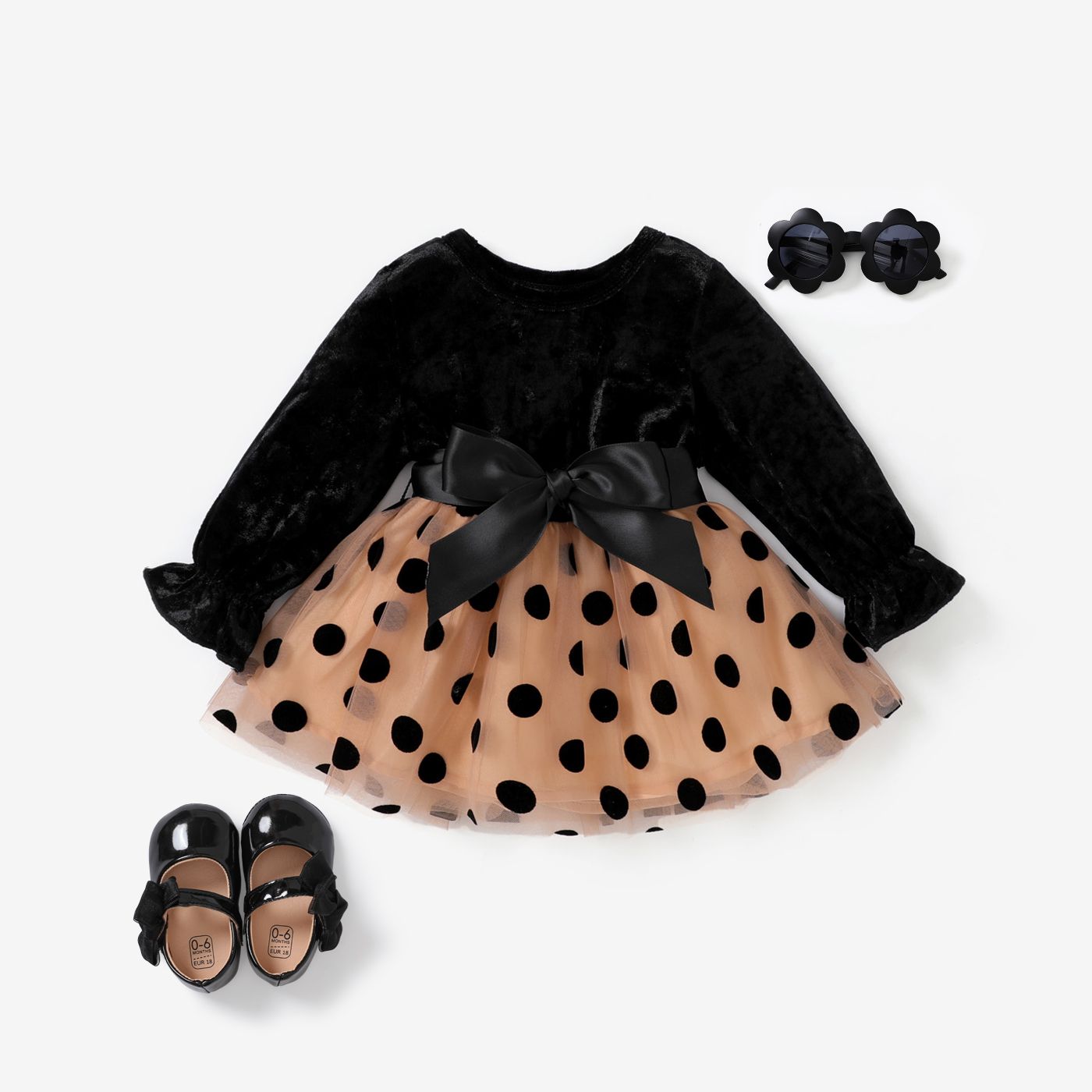 2pcs Baby Girl Polka Dot Multi-layered  Velvet material Dress With Belt