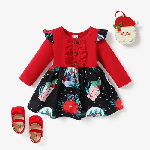 Baby Girl Christmas Flutter Sleeve Dress with Button design
