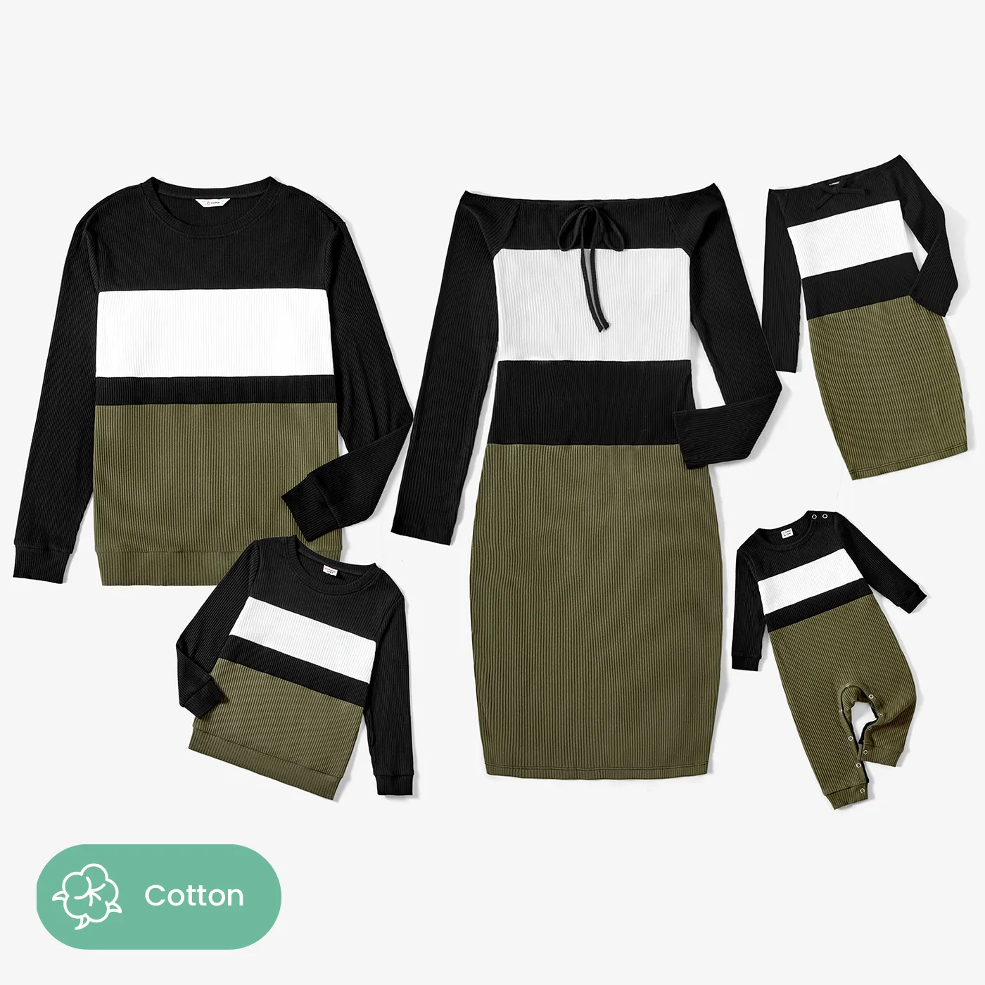 Family Matching Color-block Knit Long Sleeve Tops and Off-shoulder Body-con Dresses Sets