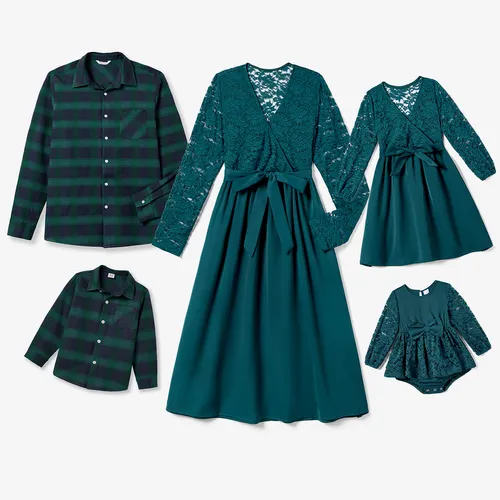 Family Matching Long-sleeve Plaid Shirts and V-neck Lace Splicing Belted Dresses Sets