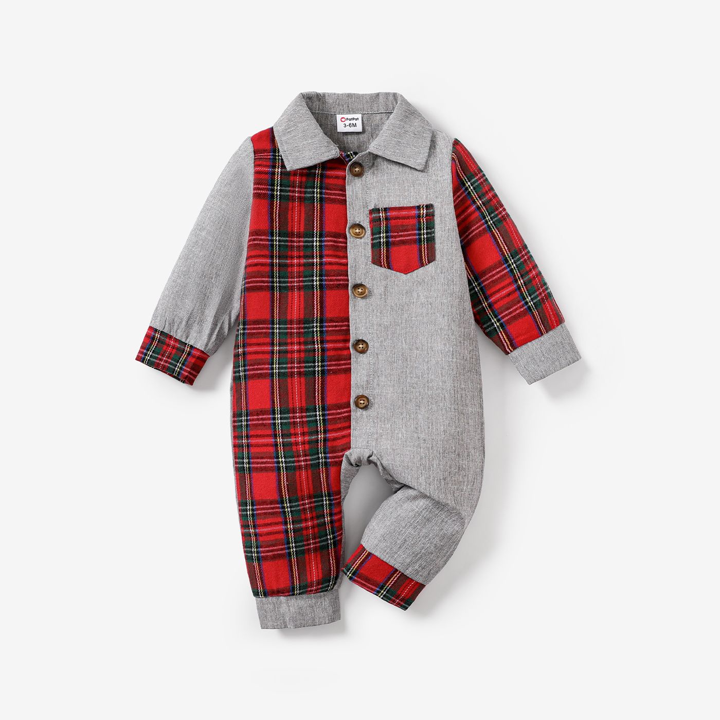 Baby Boy Long Color-block Design Plaid Pattern Sleeve Jumpsuit