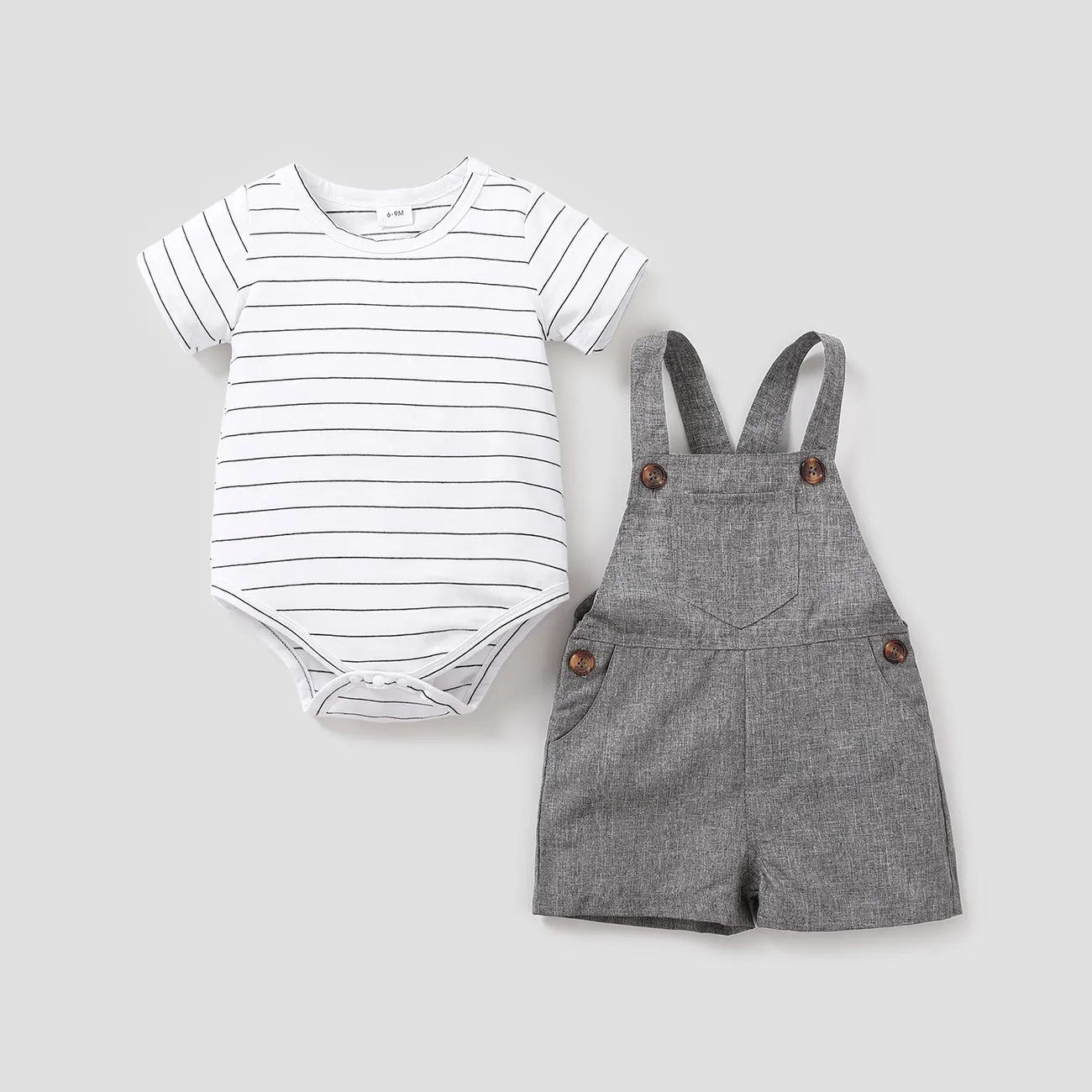 2pcs Stripe Print Pocket Decor Short-sleeve Baby Set Dark Grey big image 1