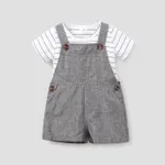 2pcs Stripe Print Pocket Decor Short-sleeve Baby Set Dark Grey