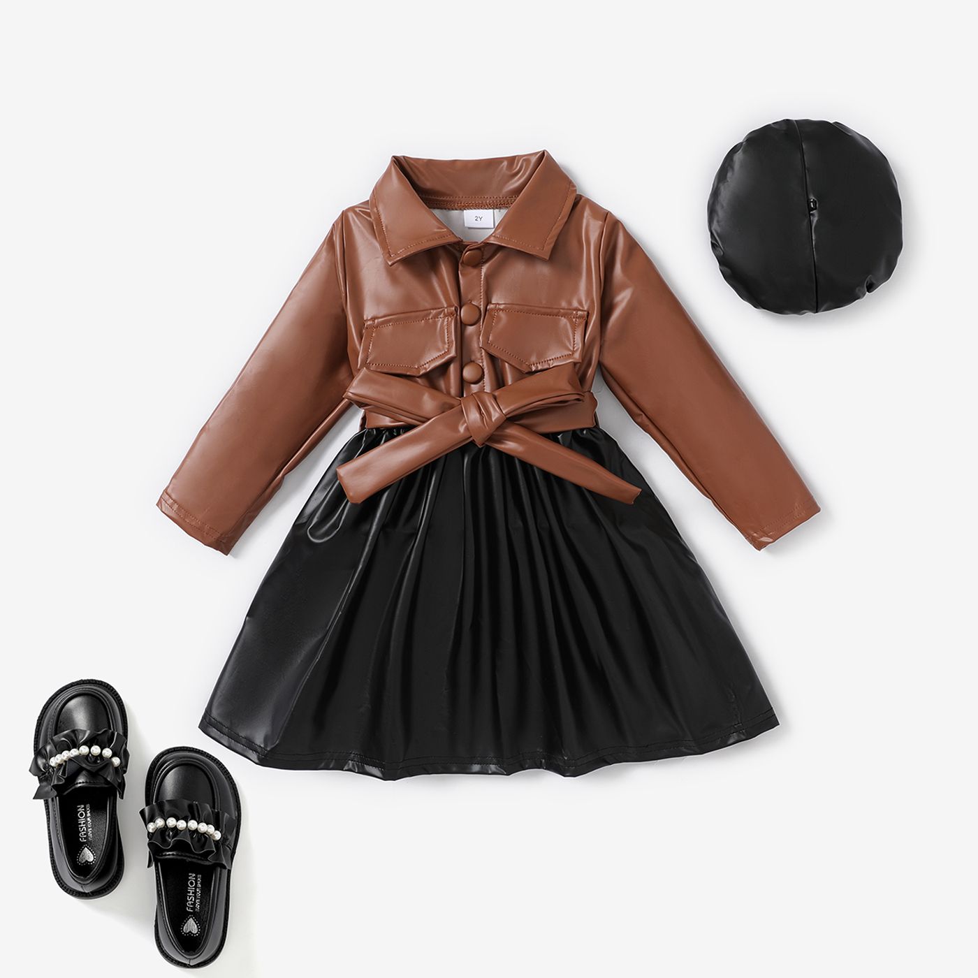 

3PCS Toddler Girl Solid Color Secret Button Design Leather Long Sleeve Dress Set