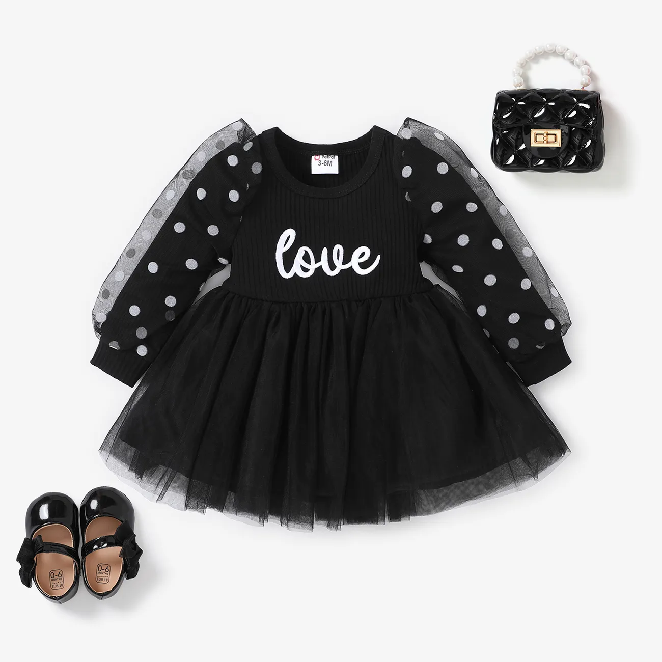 Baby Girls Avant-garde Letter Pattern Long-Sleeved Dresse Black big image 1