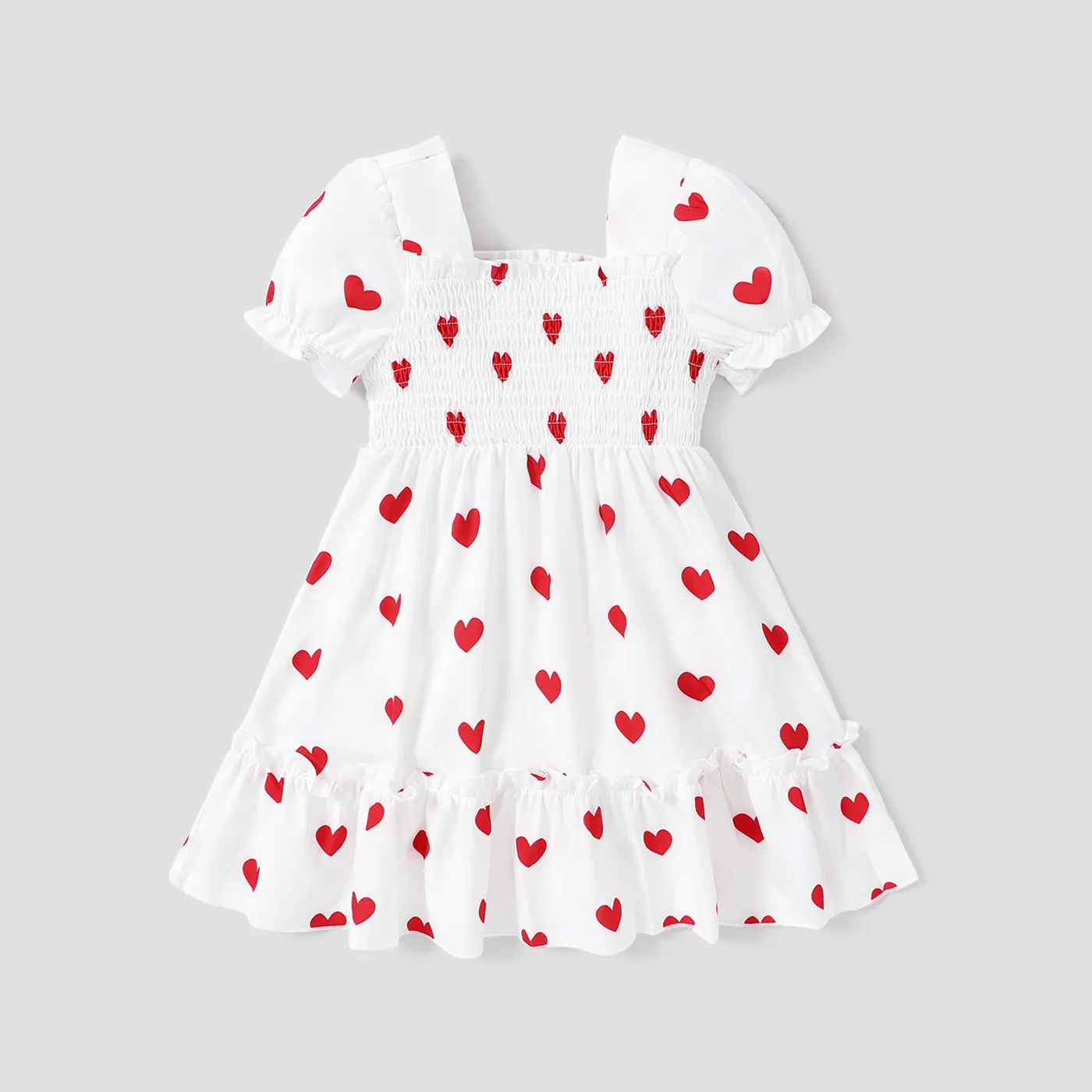 Toddler Girl Heart Print Smocked Square Neck Short-sleeve Dress White big image 1