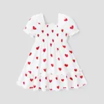 Toddler Girl Heart Print Smocked Square Neck Short-sleeve Dress White