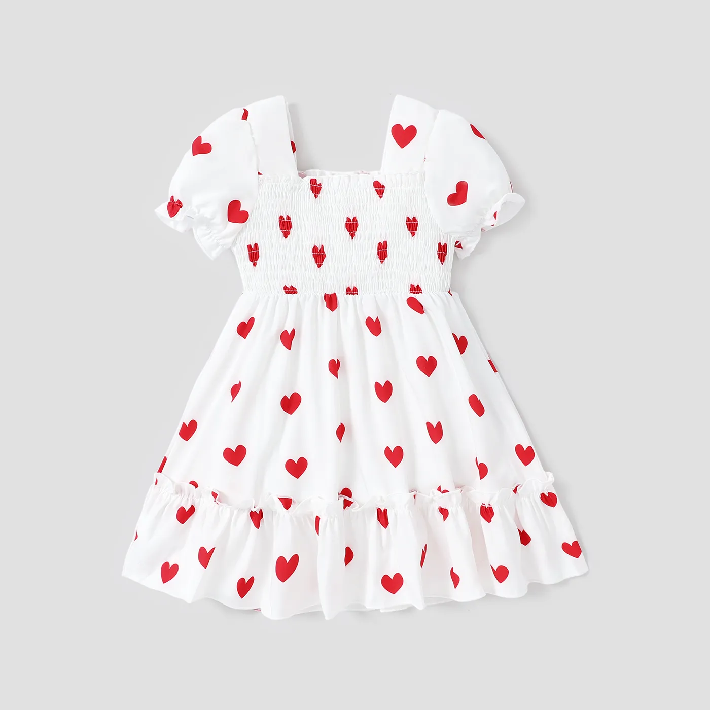Toddler Girl Heart Print Smocked Square Neck Short-sleeve Dress White image 2