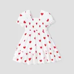 Toddler Girl Heart Print Smocked Square Neck Short-sleeve Dress White image 2