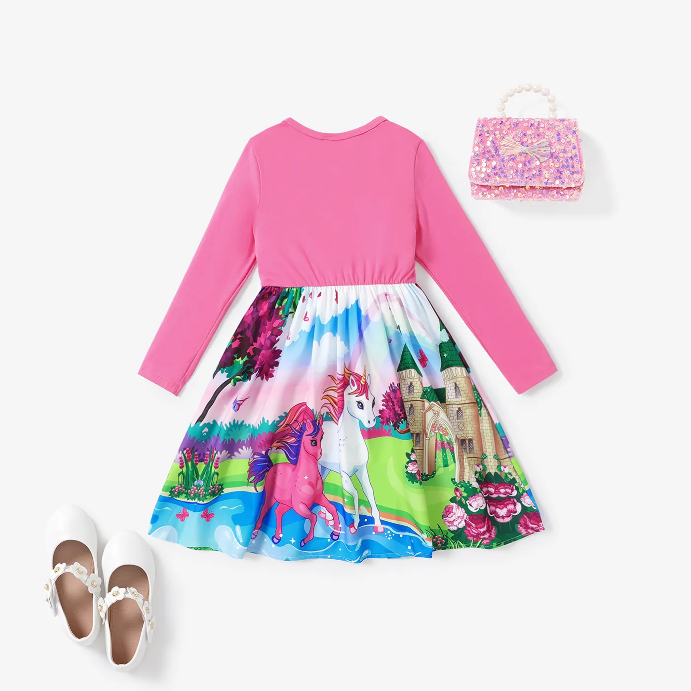 Kid Girl Sweet Animal Pattern Unicorn Dress with Cute Bowknot design PINK-1 image 2
