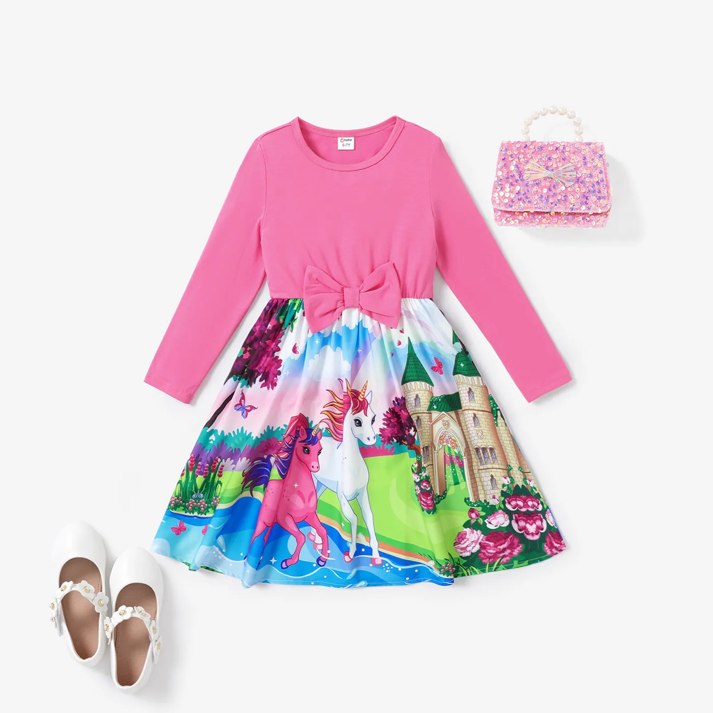 Kid Girl Sweet Animal Pattern Unicorn Dress with Cute Bowknot design PINK-1 big image 1