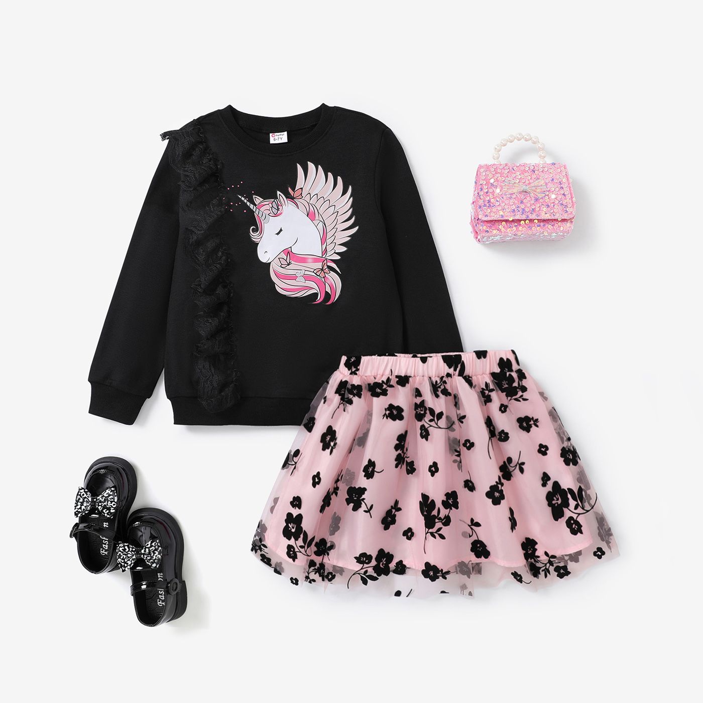 2PCS Kid Girl Sweet Animal Pattern Unicorn Top/Multi-layered Fabric Skirt Set