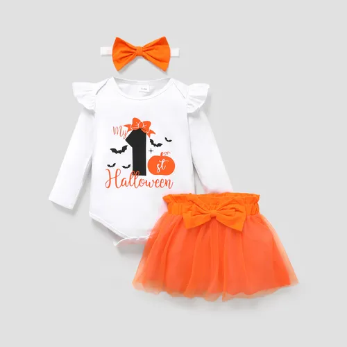 3PCS Baby Girl Sweet Letter Print Halloween  Ruffle Edge Dress Set 
