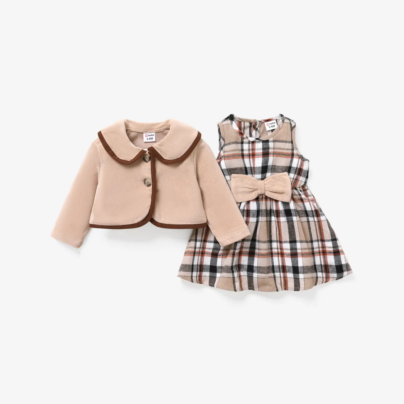 2PCS Baby Girl Hyper-Tactile Design Grid/Houndstooth School Dress Set Khaki big image 1