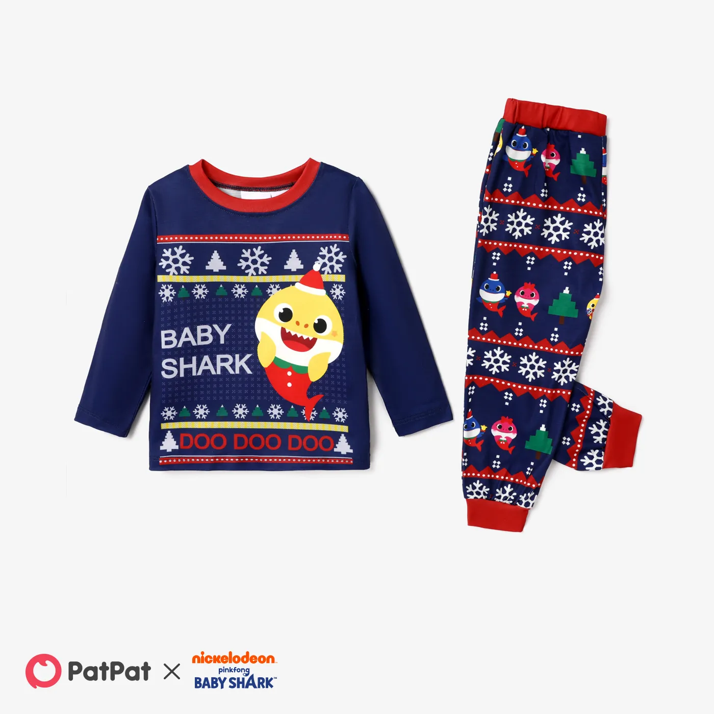 Baby Shark Christmas Family Matching Character Print Long-sleeve Top and Pants Pajamas Sets (Flame Resistant) DeepBlue image 6