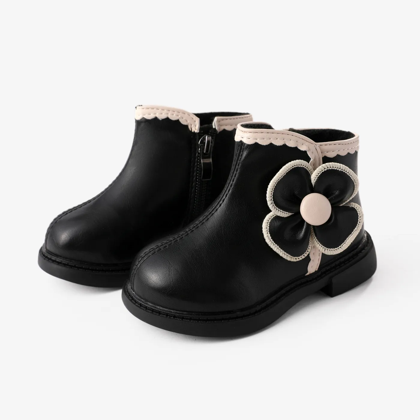 Toddler and Kids Girl's Sweet Floral Decor Side Zipper Boots Black image 2