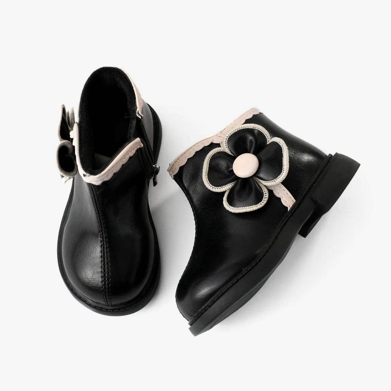 Toddler and Kids Girl's Sweet Floral Decor Side Zipper Boots Black big image 1