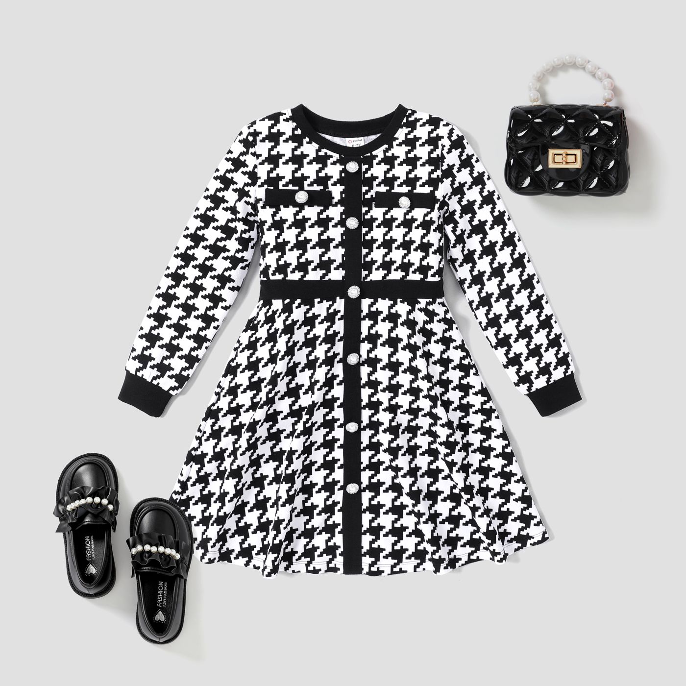 

Kid Girl Button Design Classic Grid/Houndstooth Dress
